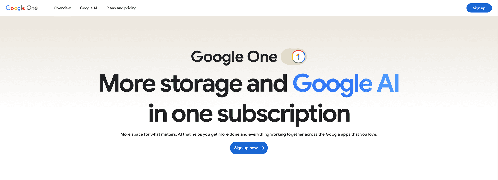 Google One pricing page showing storage plan tiers from 100GB to 2TB with monthly and annual pricing options
