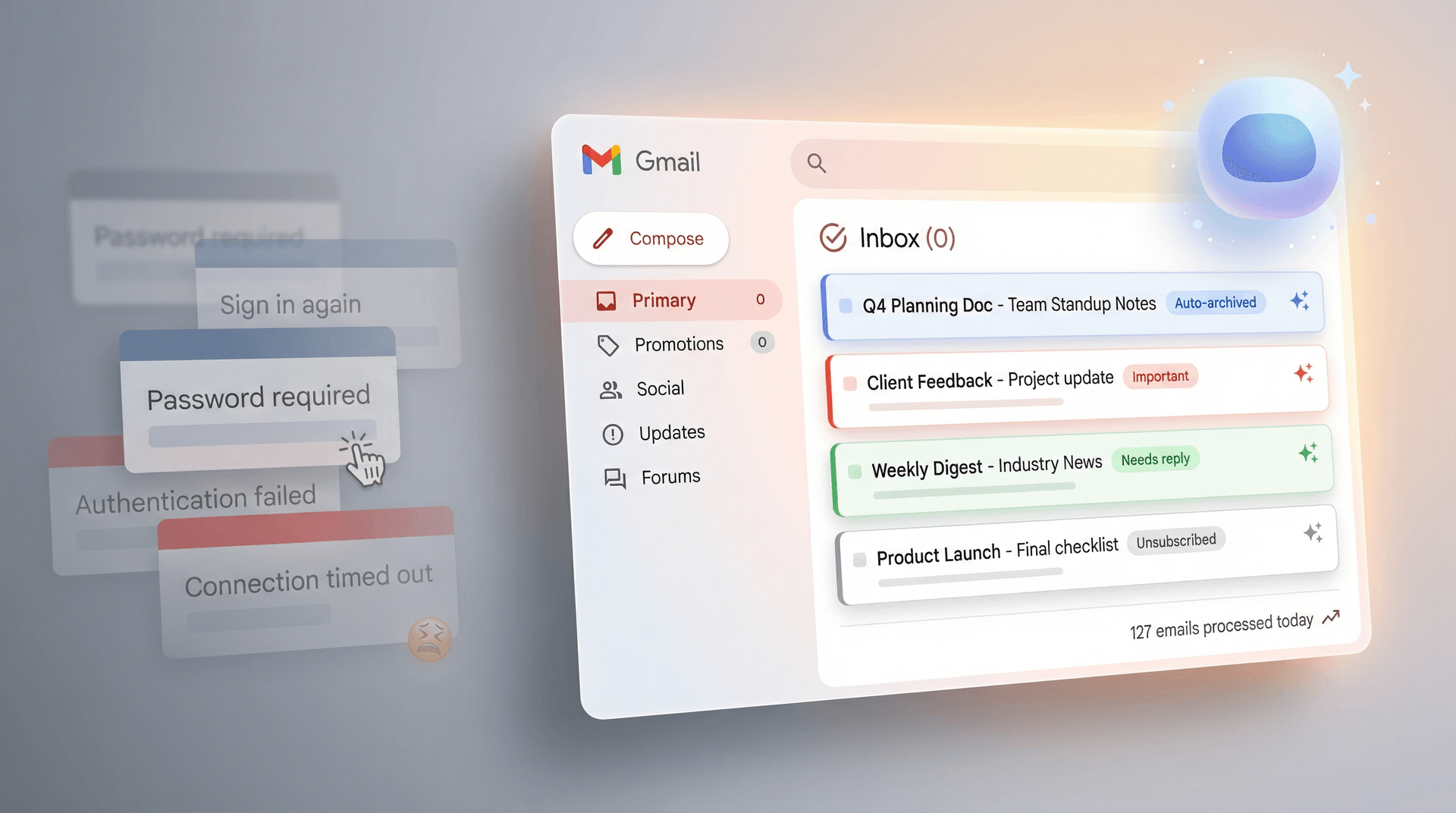 Clean Gmail inbox managed by Inbox Zero AI assistant showing zero unread emails and organized folders